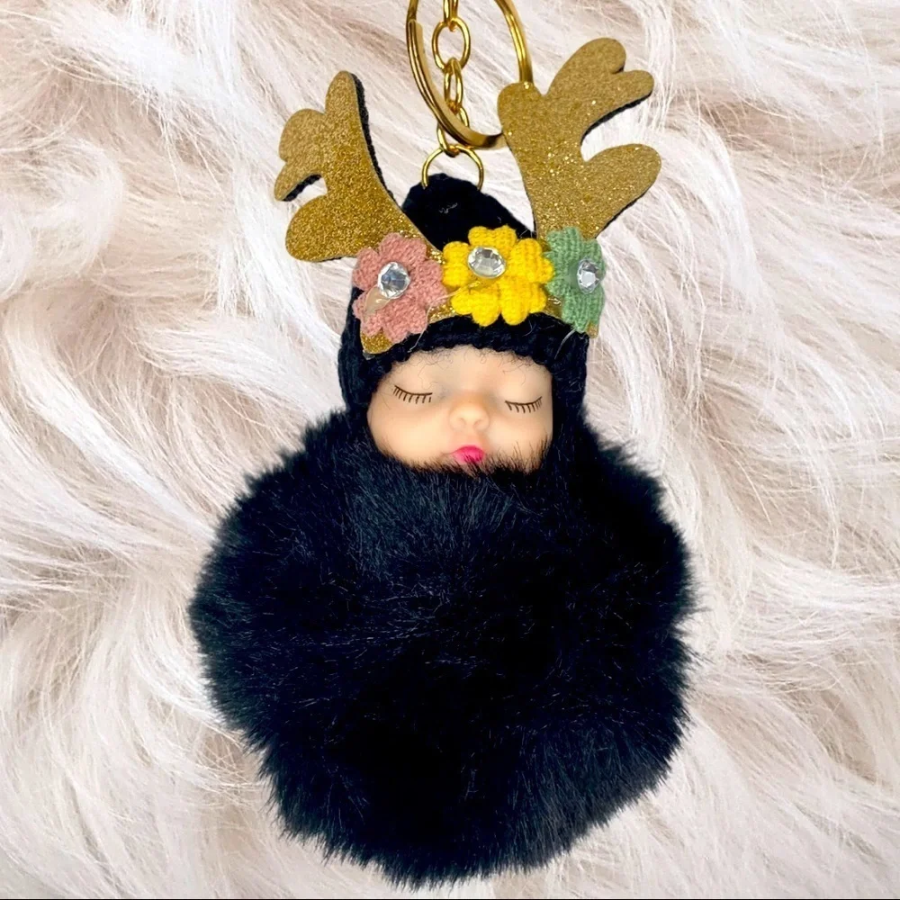 SLEEPY BABY BIG POMPON IN BLACK CHARM‎ KEYCHAIN